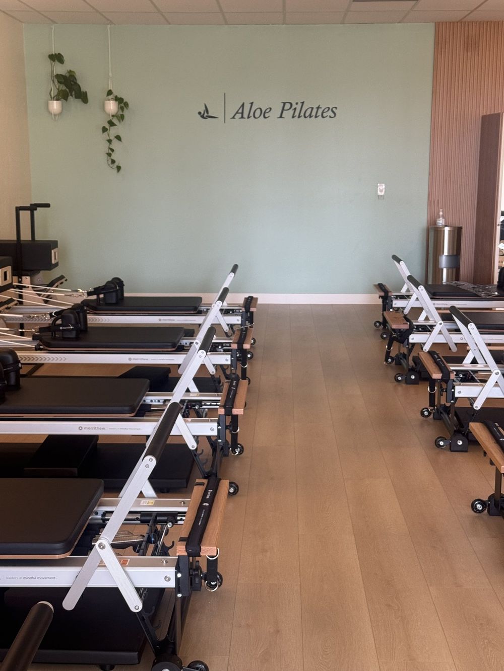 Inside Aloe Pilates studio in San Jose, showing rows of reformers on a wood floor